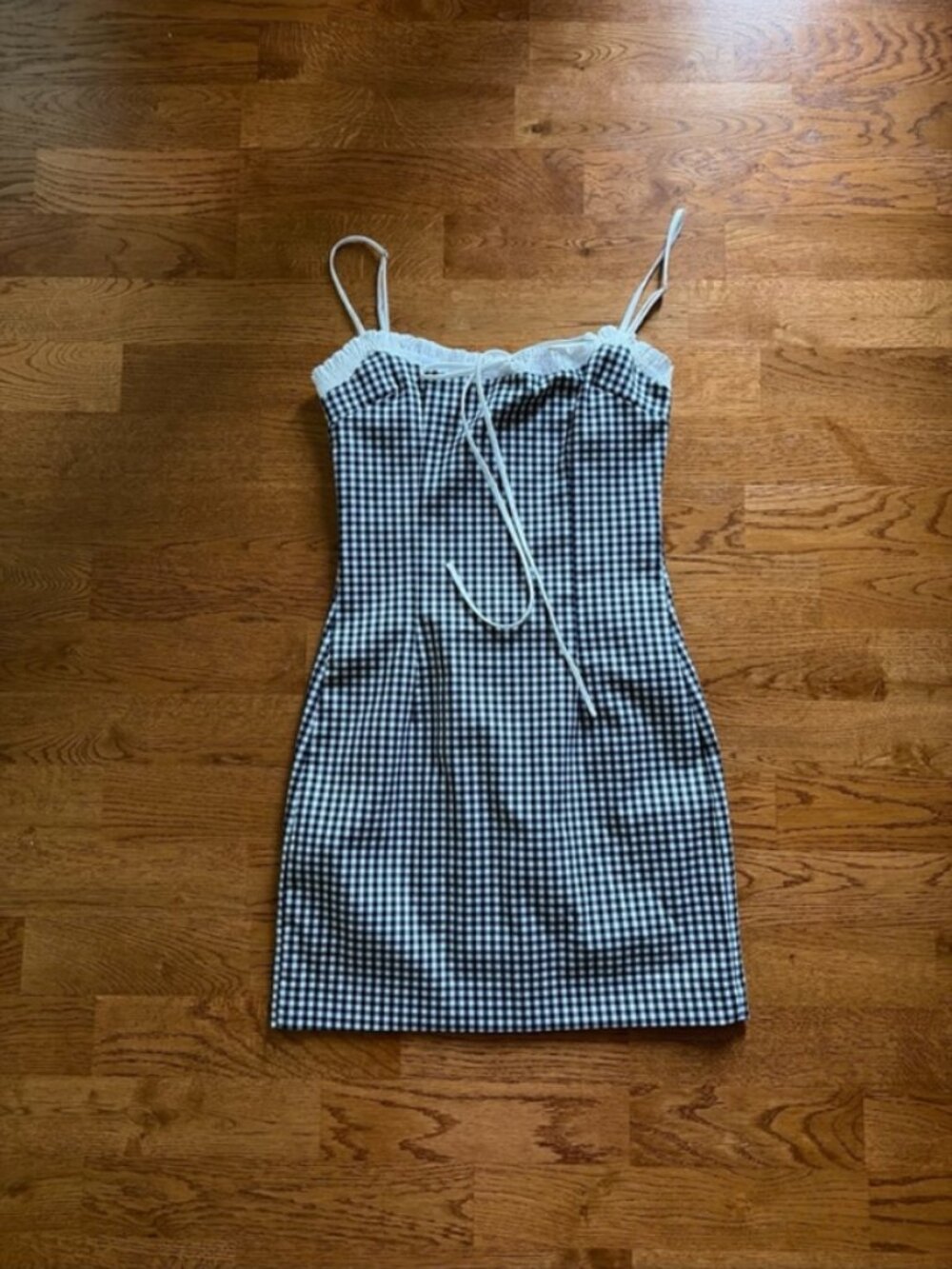 NWOT ZARA Mini COMBINATION GINGHAM DRESS Navy blue White Lace Bow Check Summer